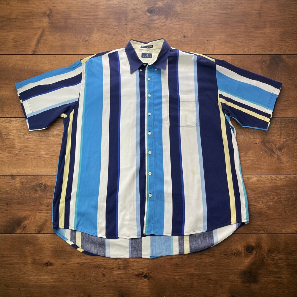 Vintage Enro Mens 2XL Tall Blue White Striped Short Sleeve Color Block  Shirt